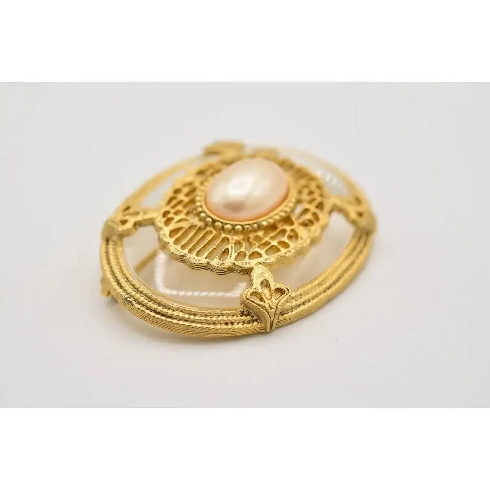 1928 Vintage Clear Lucite Pearl Pin Brooch Oval Antiqued Gold Chunky 1980s BinAL